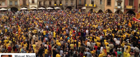 Собравшиеся скандируют «Проголосуем!», «Хотим голосовать», «Демократия!», многие одеты в желтые футболки Каталонской национальной ассамблеи.