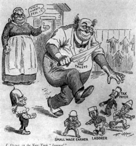 «Тресты сдирают шкуру с трудящихся». Карикатура Ф. Оппера.
