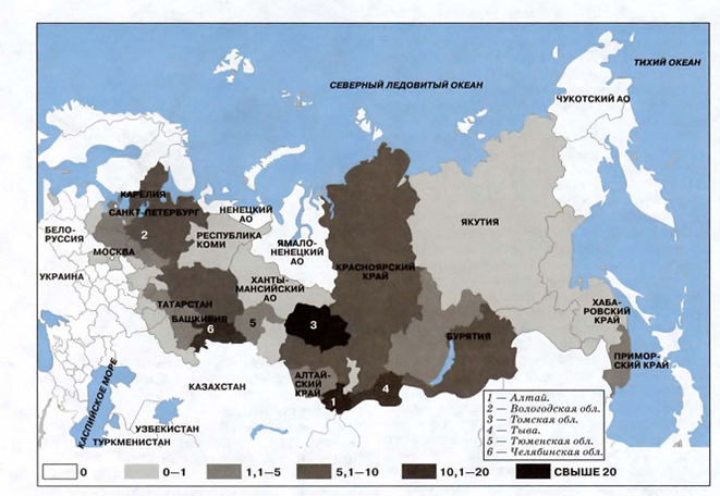 Рисунок 3. Заболеваемость клещевым  энцефалитом в регионах  Российской Федерации в 2007 году (число случаев на 100 тыс.  населения)