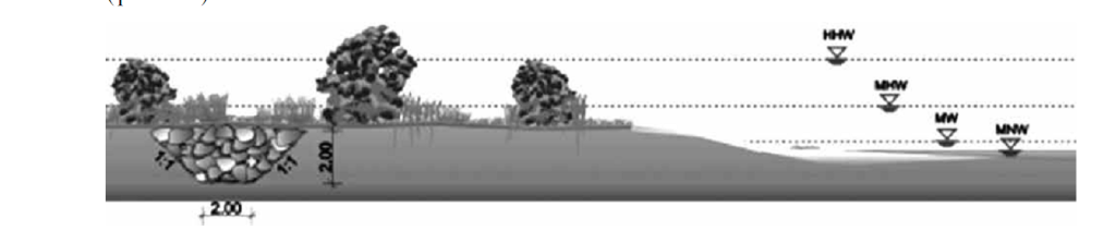 Рис. 5. Схема создания естественной защиты берега реки, где HHW (Höchster Hochwasserstand) – наивысший уровень половодья, MHW (Mittlerer Hochwasserstand) – средний уровень половодья, MW (Mittelwasserstand) – средний уровень воды, MNW (Mittlerer Niedrigwasserstand) – средний уровень межени  