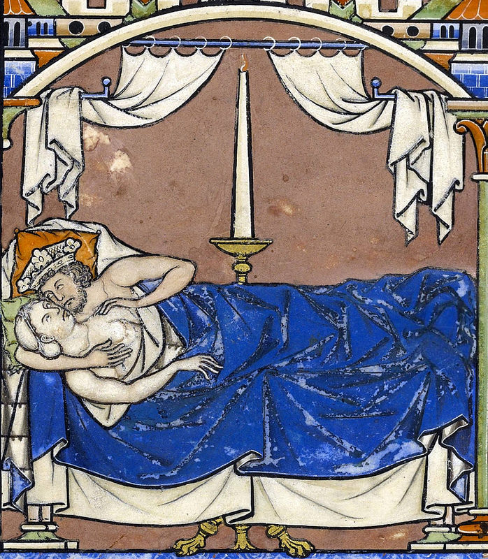 Давид и Вирсавия. 1240-е годы / David and Bathsheba. David takes Bathsheba to bed, and she conceives a son by him. (2 Kings 11:4–5). The Crusader Bible, also known as the Morgan Picture Bible, the Maciejowski Bible, and the Shah ‘Abbas Bible. Old Testament miniatures with Latin, Persian, and Judeo-Persian inscriptions. France, Paris. 1240s. 390 x 300 mm. NY, Morgan, MS M.638, fol. 41v - David's Lust; Adutlery; Damage Control. 