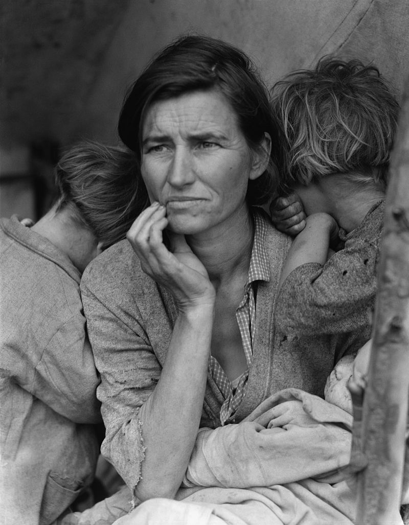 Dorothea Lange's 1936 photograph of Florence Thompson, a migrant worker in California during the Great Depression, along with two of her children. The photo is known as Migrant Mother