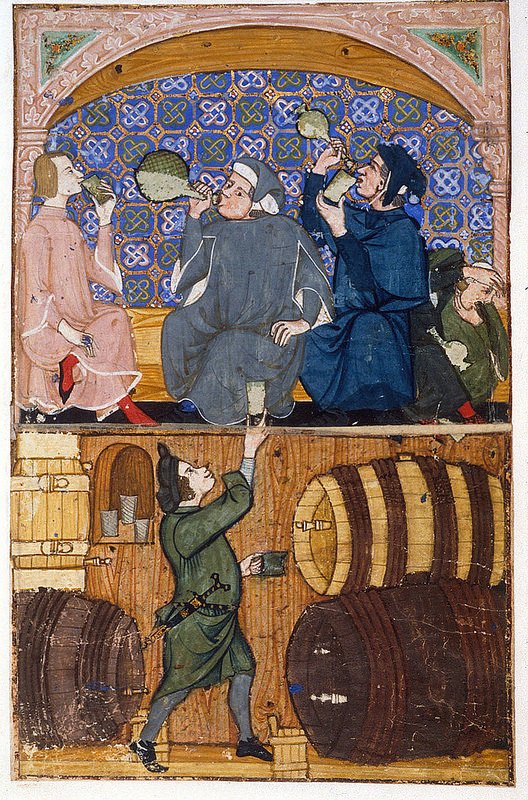 Грех обжорства и пьянства. Сцена в таверне 14 века / Miniature of a scene in a tavern illustrating Gluttony with men drinking, and below a cellarer passing up a drink. BL Additional 27695, f. 14. Author Cocharelli. Title Cuttings from a Latin prose treatise on the Seven Vices. Origin Italy, N. W., Genoa. Date c. 1330 - c. 1340. Language Latin. Script Gothic. Artists Master of the Cocharelli Codex (active in Genoa, ca. 1330)