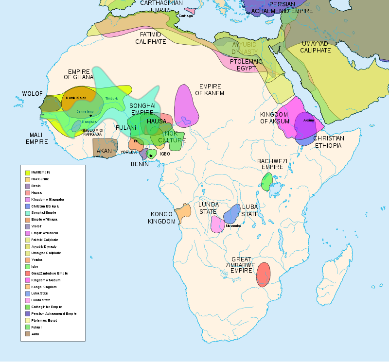 Ранние государства в Чёрной Африке, в т.ч. обсуждаемые в настоящей статье. Обычно обслуживали работорговлю, арабскую и европейскую, а то и были созданы ею