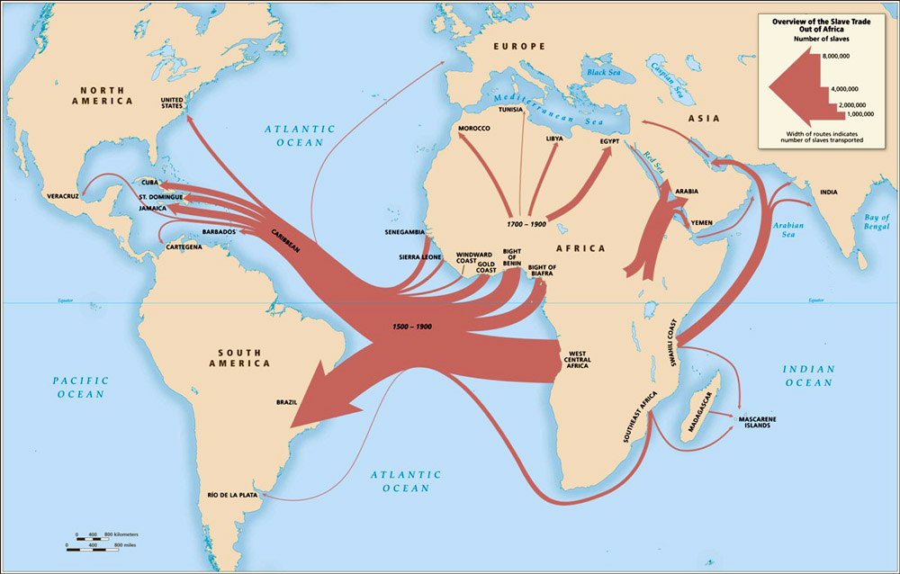 Вывоз рабов из Центральной Африки в 17-19 в. Потоки арабской работорговли к концу 19 - началу 20 в. сильно интенсифицировались