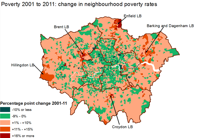 Изменение доли бедных в разных районах Лондона в 2001-2011 гг., ещё больше "работающее" на сегрегацию