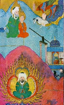 Abraham sacrificing his son, Ishmael; and Abraham cast into fire by Nimrod. A miniature in the 16th-century manuscript Zubdat Al-Tawarikh.