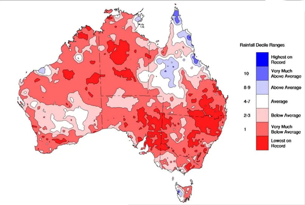  Динамика уровня осадков (в децилях) на территории Австралии за период с 1 июля 2018 года по 31 декабря 2019 года Australian Government Bureau of Meteorology 