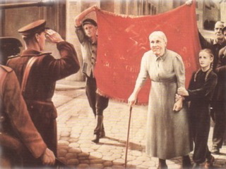 Семья Брозовских со знаменем, вместе с другими коммунистами встречает советских освободителей. Фрагмент картины Карла Коте, 1953 г. 
