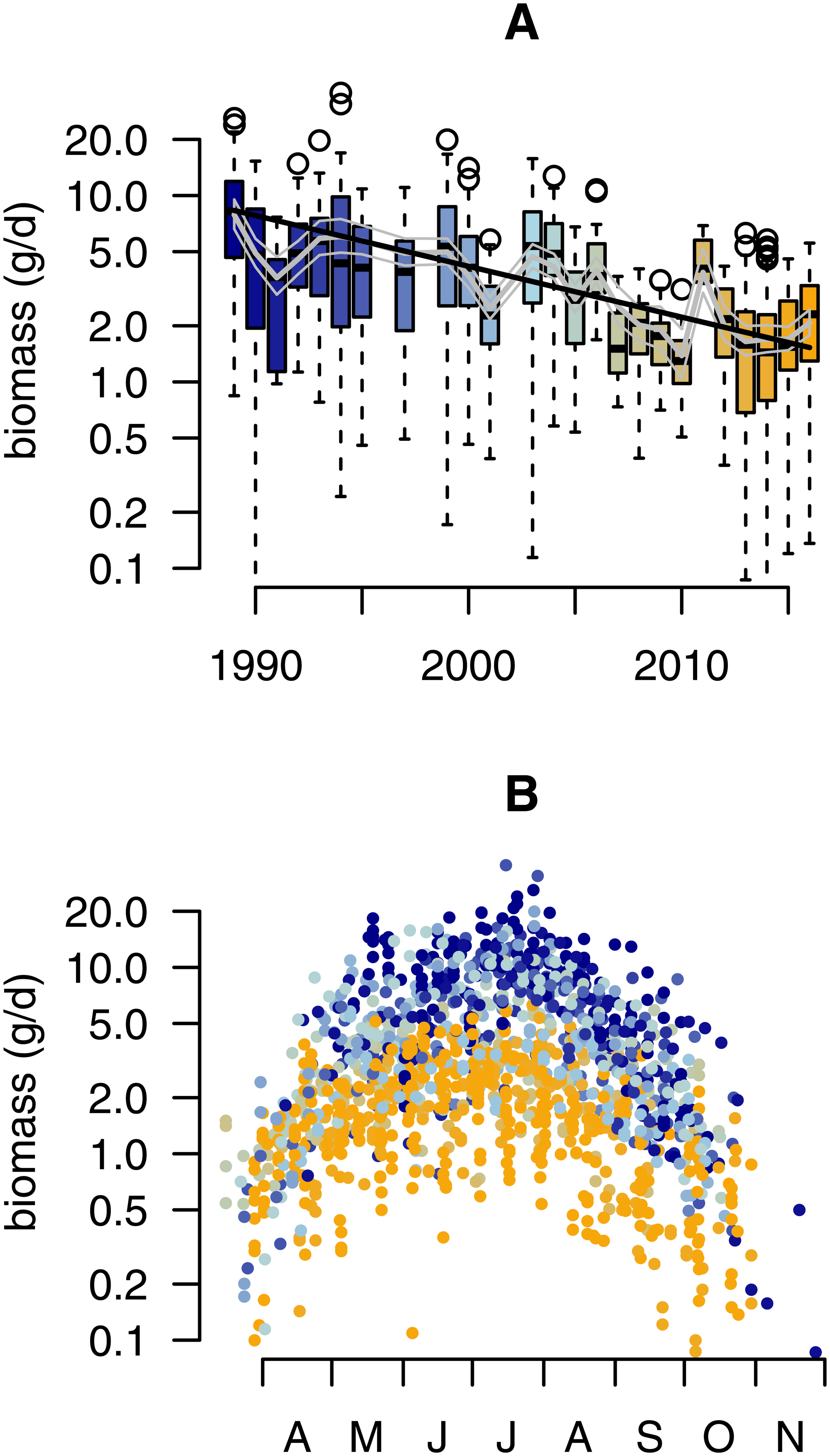 (A) Boxplots depict the distribution of insect biomass (gram per day) pooled over all traps and catches in each year (n = 1503). Based on our final model, the grey line depicts the fitted mean (+95% posterior credible intervals) taking into account weather, landscape and habitat effects. The black line depicts the mean estimated trend as estimated with our basic model. (B) Seasonal distribution of insect biomass showing that highest insect biomass catches in mid summer show most severe declines. Color gradient in both panels range from 1989 (blue) to 2016 (orange).