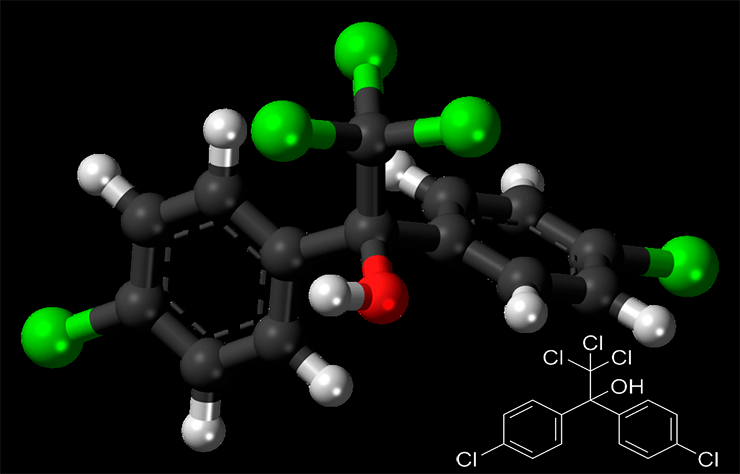 Рисунок 4. Атомная модель и химическая структура молекулы дикофола Источник «Википедия»