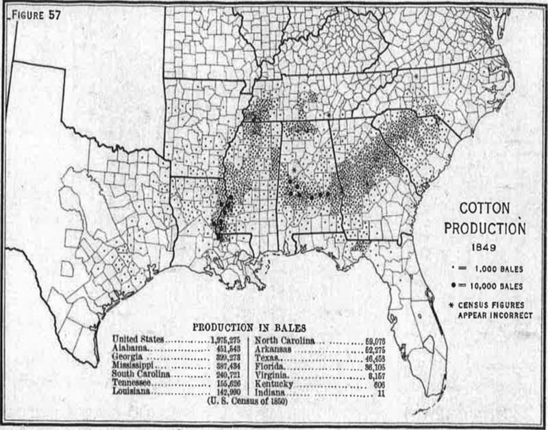 Производство хлопка в США в 1849 году Источники: Министерство сельского хозяйства США (1918), Атлас американского сельского хозяйства: Хлопок. Nota Bene: В “хлопковом поясе” покупка Луизианы включала Арканзас и большую часть штата Луизиана. Он также охватывал Айову, Канзас, Миссури Небраску и Оклахому, почти всю Южную Дакоту и Монтану, небольшие части Техаса и Нью-Мексико, и большую часть штата Колорадо, Миннесоту, Северную Дакоту, Оклахому и Вайоминг.
