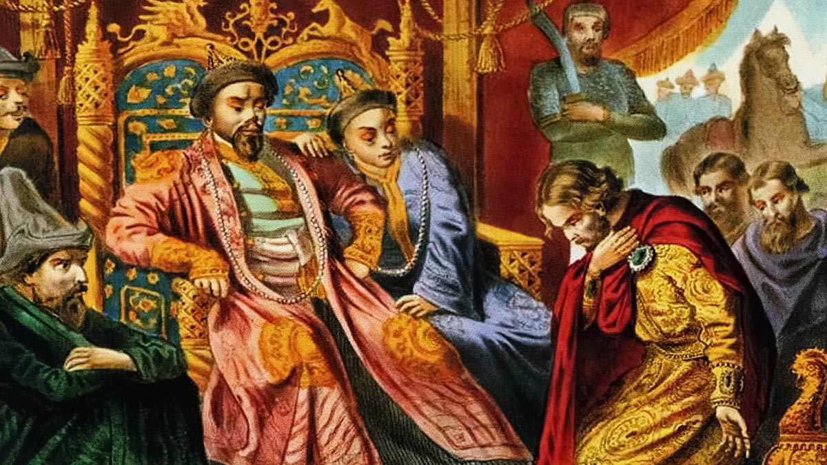 Prince Alexander Nevsky begging Batu Khan for mercy for Russia, End of 19th century. Artist: Anonymous
