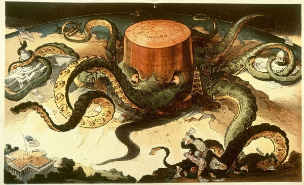 Уже в 1904 году нефтяные монополии (на илл. Standart Oil) обвинялись в ценовом сговоре и вздутии цен. Но даже если разрубить этого спрута на миллион частей, рынок поведёт себя так же. (Илл. J. Ottmann Lith, Udo Keppler.)