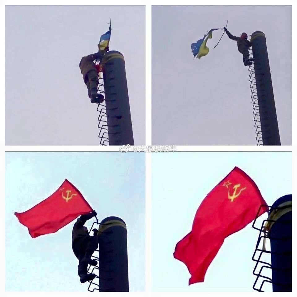 Символы Освобождения - красное знамя и восстановленный памятник Ленину (связываемый не только с "советскостью", но и с нормальной жизнью до 2014 г., без скакания, беспредела "патриотов" и выворачивания карманов)