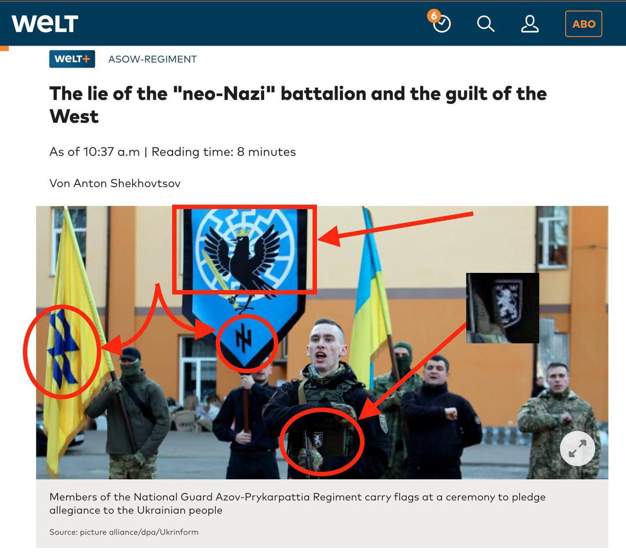 Западные СМИ утверждают, что неонацизм на Украине - "ложь", но невзначай показывают нацистскую символику на её "защитниках", попадающих в объектив. Империя лжи, как точн7о было сказано. 