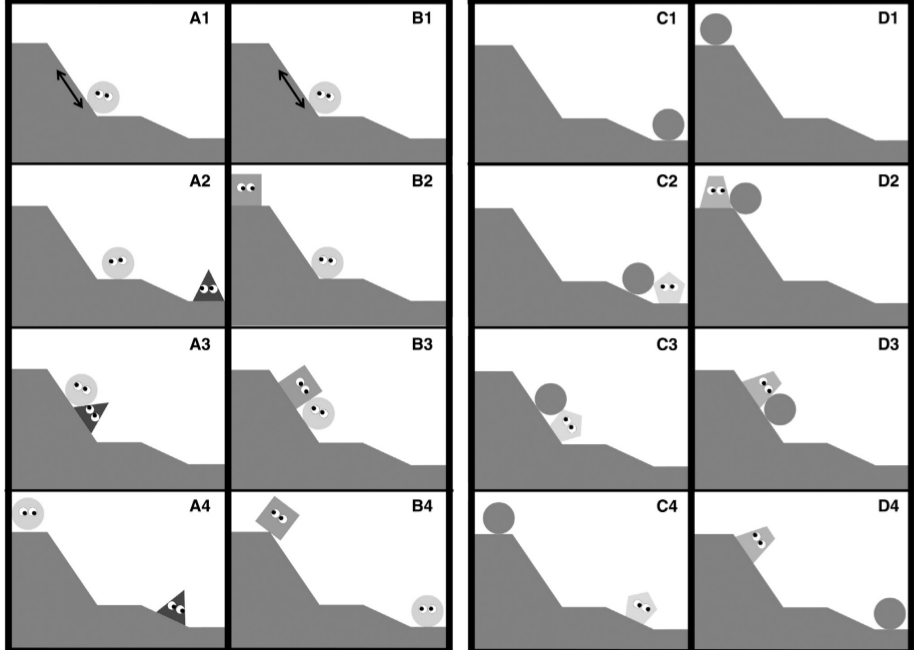Кадры из видео к эксперименту 1 Helper animation (A), hinderer animation (B), upward animation (C), and downward animation (D). In both the helper (A) and hinderer (B) animations, the climber (circle) tries but fails to scale the hill (A1 and B1) three times before encountering another agent. In the helper animation, the helper (here, a triangle) enters from below (A2), pushes the climber up the hill (A3), and exits the screen (A4). In the hinderer animation, the hinderer (here, a square) enters from above (B2), pushes the climber down the hill (B3), and exits the screen (B4). The upward animation (C) begins with a static ball at the base of the hill (C1). The upward agent enters from below (C2), pushes the ball up the hill (C3), and exits the screen (C4). Conversely, the downward animation (D) begins with a static ball at the top of the hill (D1). The downward agent enters from above (D2), pushes the ball down the hill (D3), and exits the screen (D4).
