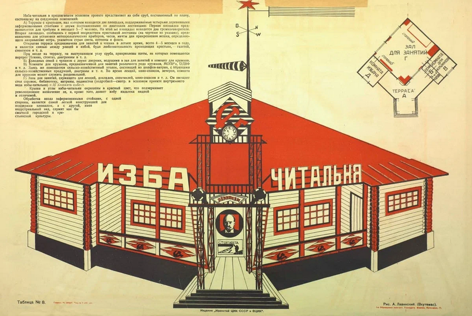  Эскизный проект избы-читальни от советского художника Антона Лавинского, опубликованный в сборнике «Искусство в быту» (1925 год) 