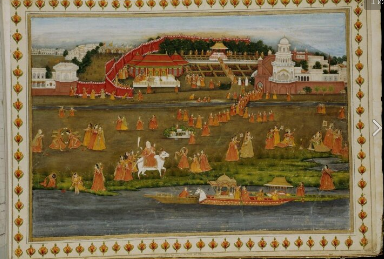 Могольский император и его двор. Неизвестный художник, ок.1774. Великий Могол Мухаммад Шах с гаремом выехал в провинцию. В центре картины мать императора на белом быке, вокруг отдыхают женщины.